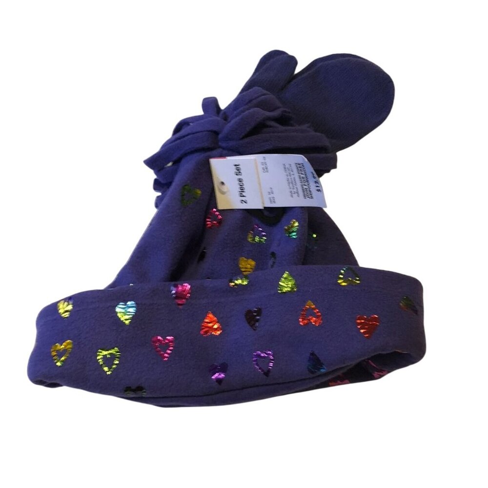 Basic‎ Editions Winter Fleece Beanie Hat Mitten Girls Purple Y2K Rainbow Hearts
